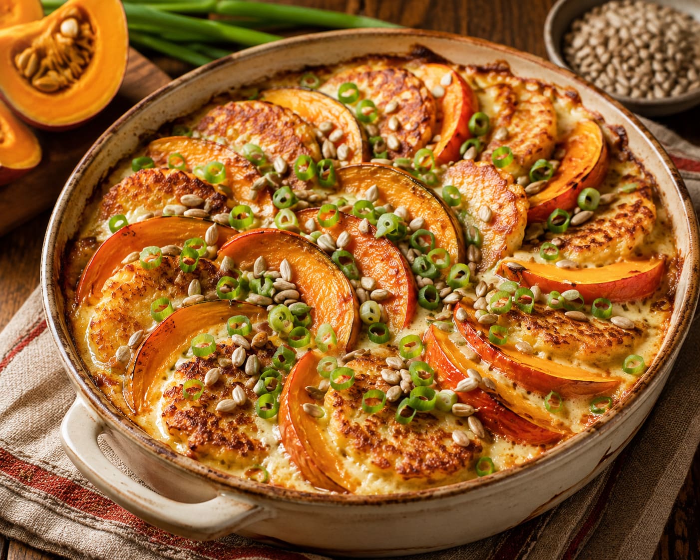 Baked Pumpkin Potato Fritter Casserole: Golden Autumn Vegetable Gratin Baked Pumpkin Potato Fritter Casserole: Golden Autumn Vegetable Gratin