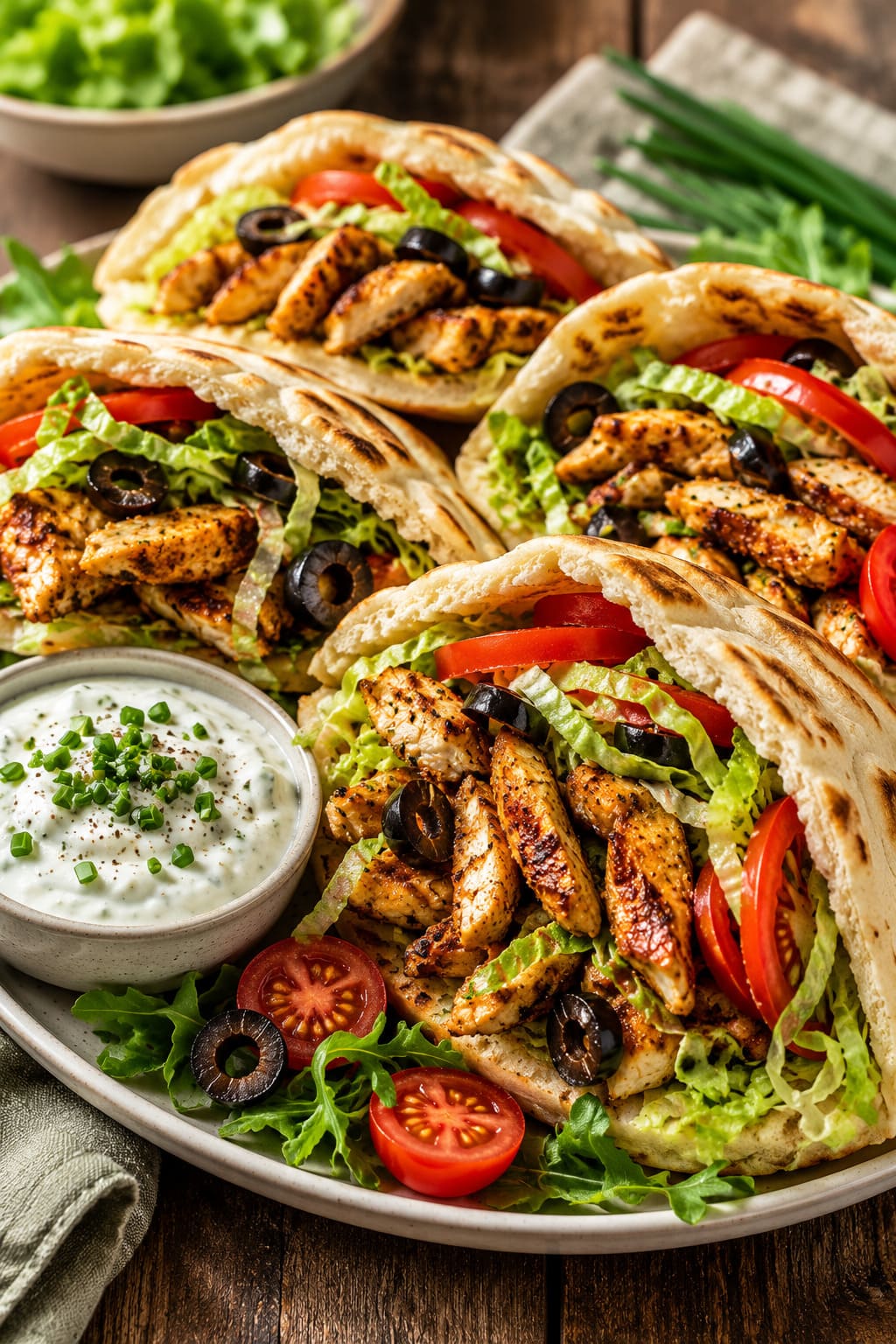 Crispy Chicken Gyros Flatbread Pockets with Tangy Chive Sauce