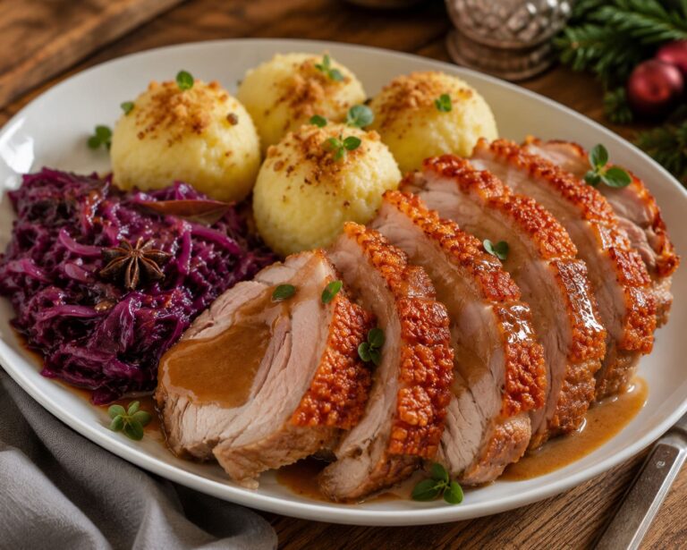 Crispy crust pork roast: Christmas red cabbage potato dumplings