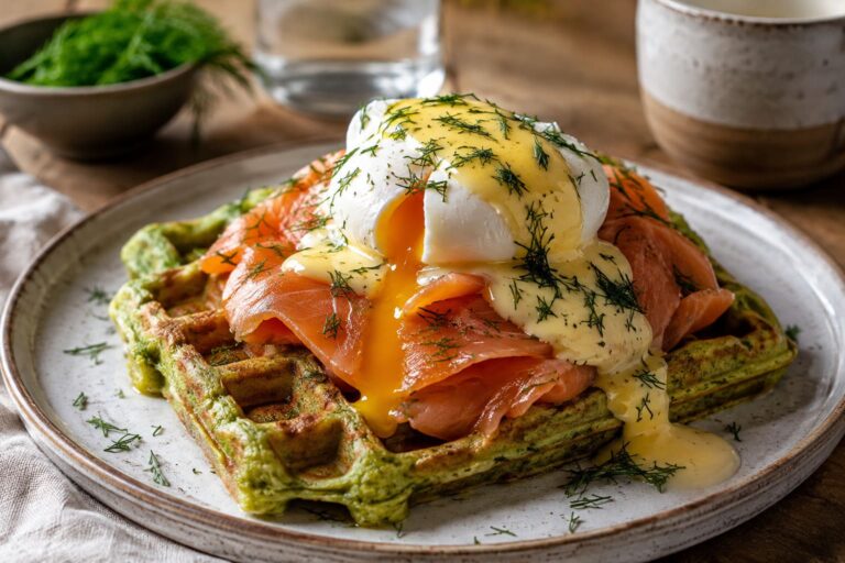 Green avocado waffles recipe: Poached egg salmon Benedict
