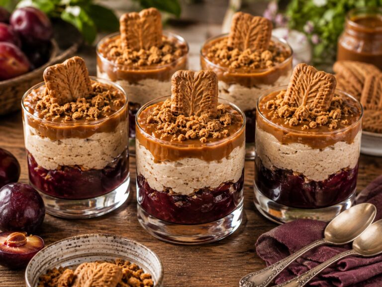 Layered spiced cookie dessert: Sweet plum compote parfait Layered spiced cookie dessert: Sweet plum compote parfait