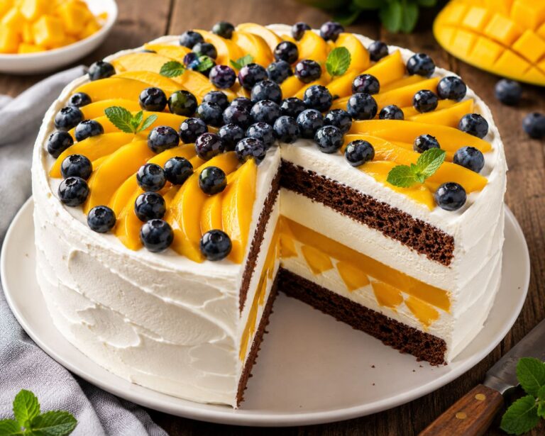 Mango blueberry torte: Layered chocolate sponge fruit pastry Mango blueberry torte: Layered chocolate sponge fruit pastry