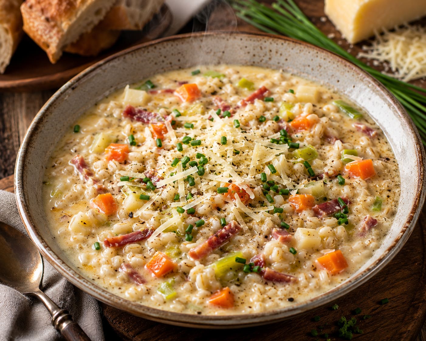 Pearl barley stew recipe: Creamy mountain cheese soup