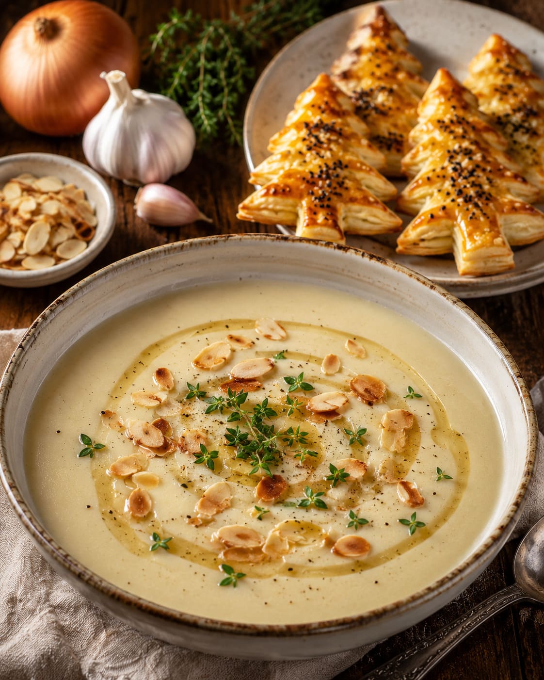 Potato almond soup recipe: Creamy puff pastry cauldron