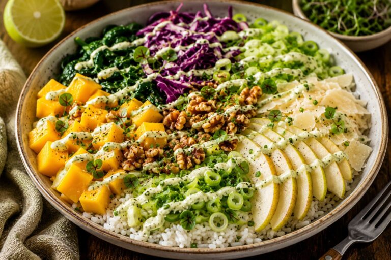 Rainbow Bowl With Pear And Mango: Fresh Honey Lime Rice Salad