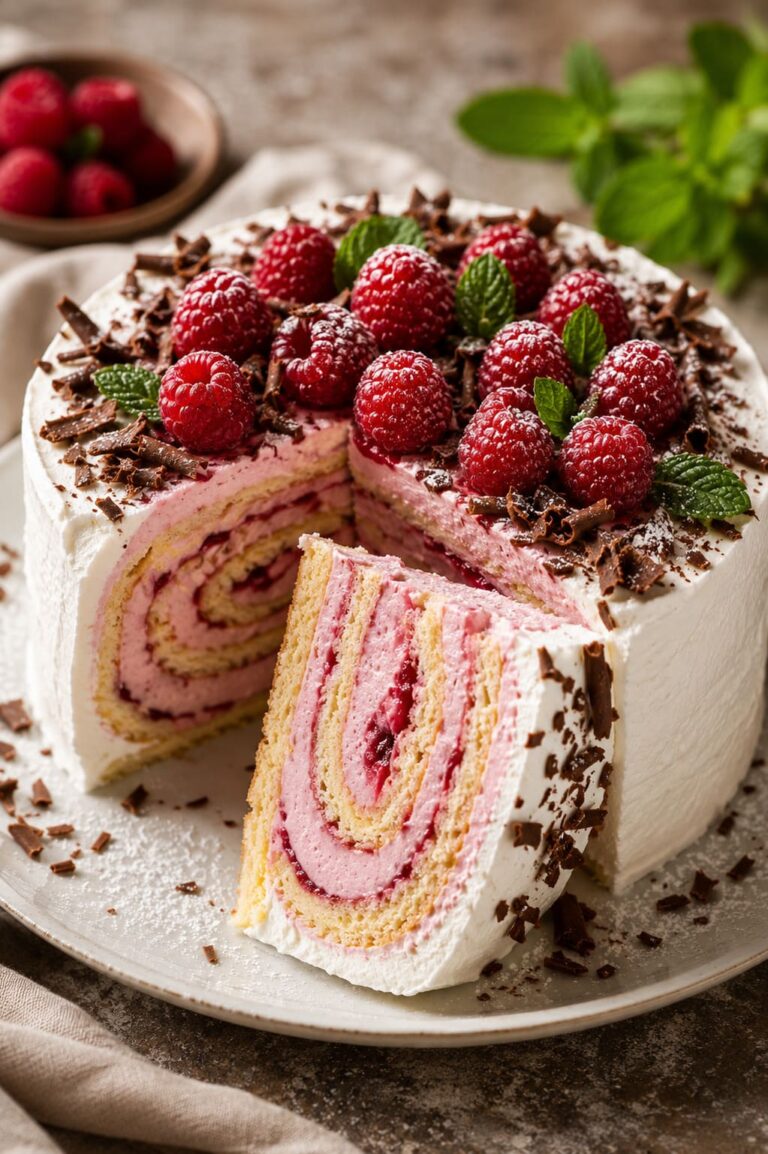 Raspberry panna cotta cake: Vertical cream sponge roll