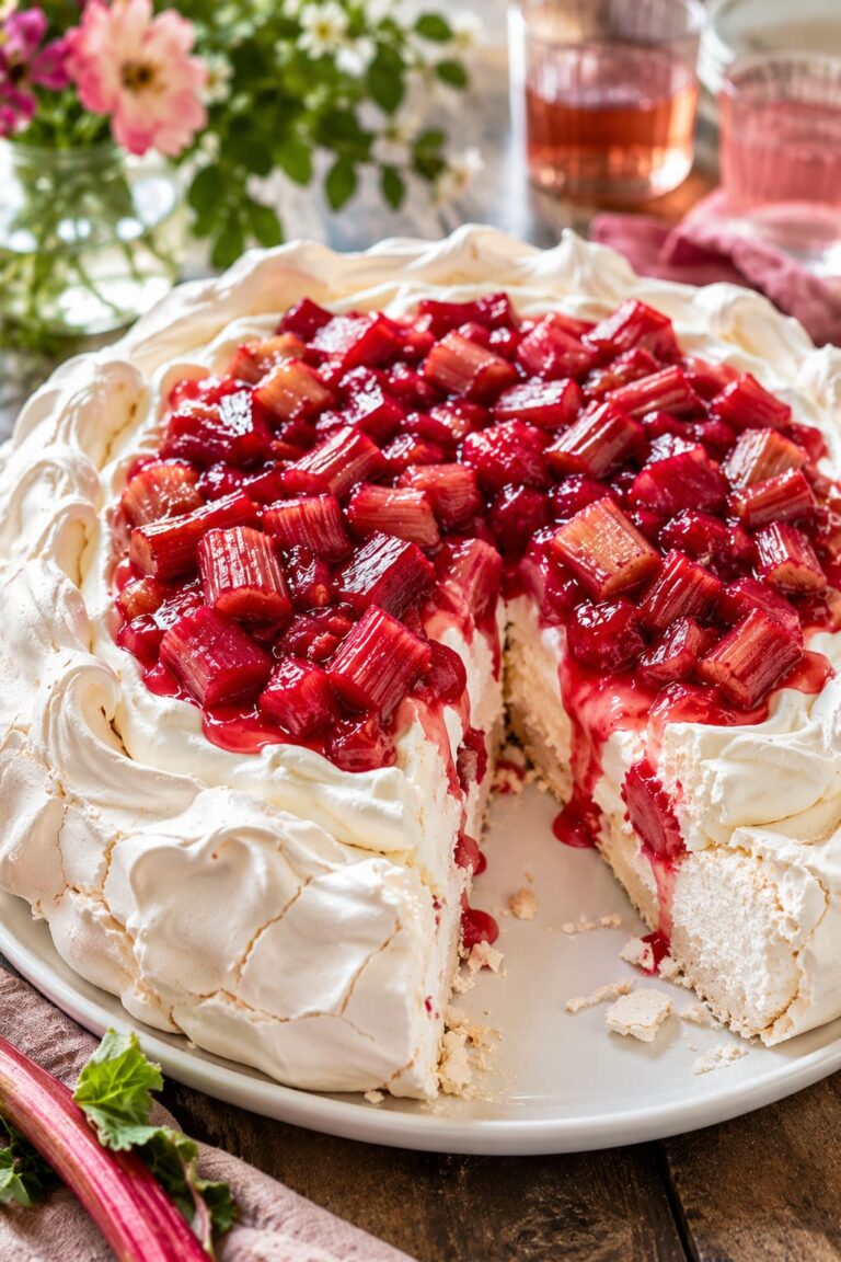 Rhubarb Pavlova Recipe: Soft Marshmallow Meringue Cake Rhubarb Pavlova Recipe: Soft Marshmallow Meringue Cake