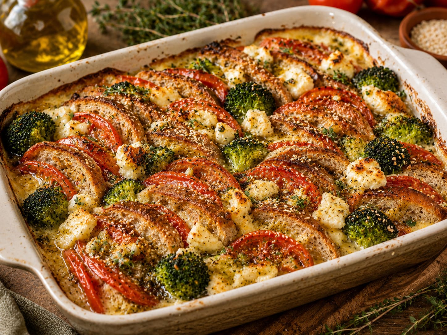 Rustic bread feta gratin: Savory broccoli tomato bake Rustic bread feta gratin: Savory broccoli tomato bake