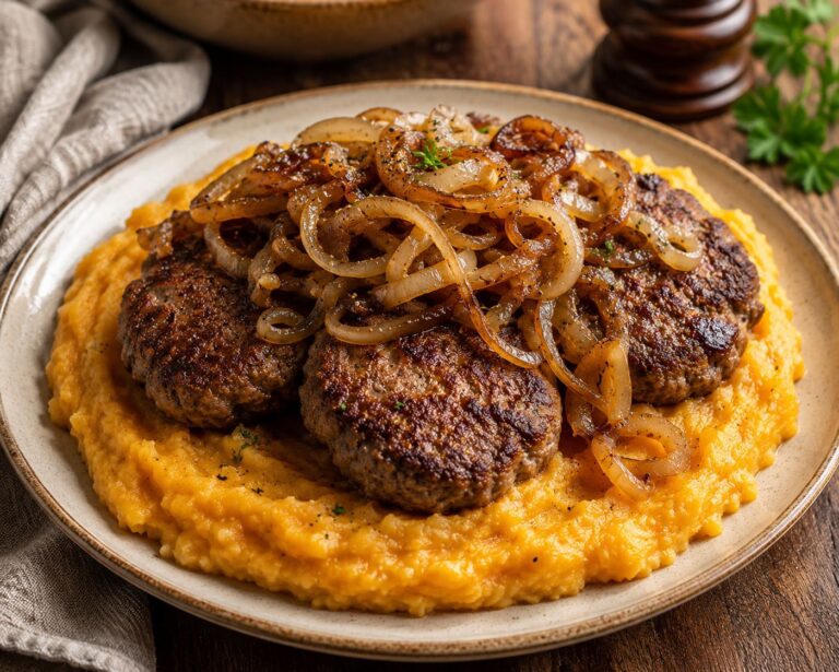 Rutabaga mash with minced steak: Golden fried onion rings