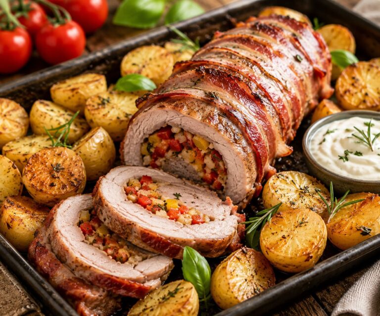 Savory Barbecue Jelly Roll Roast with Crispy Thyme Potatoes Savory Barbecue Jelly Roll Roast with Crispy Thyme Potatoes