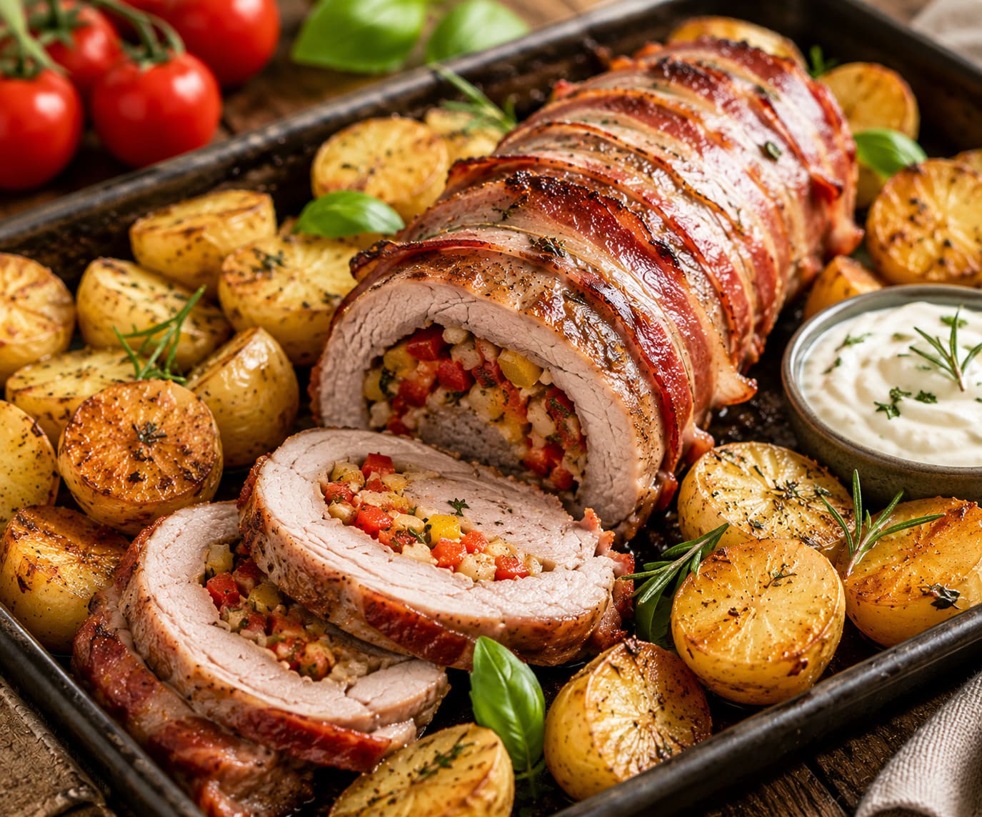 Savory Barbecue Jelly Roll Roast with Crispy Thyme Potatoes