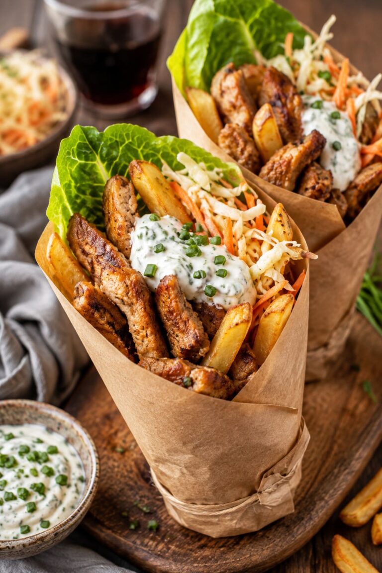 Savory Pork Gyros with Golden Fries in Kebab Paper Cones