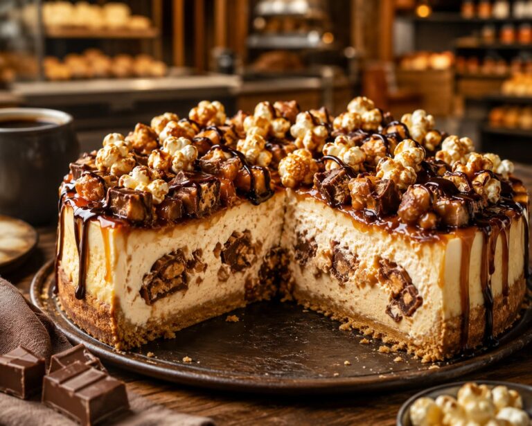 Snickers cheesecake torte: Rich popcorn crunch gateau