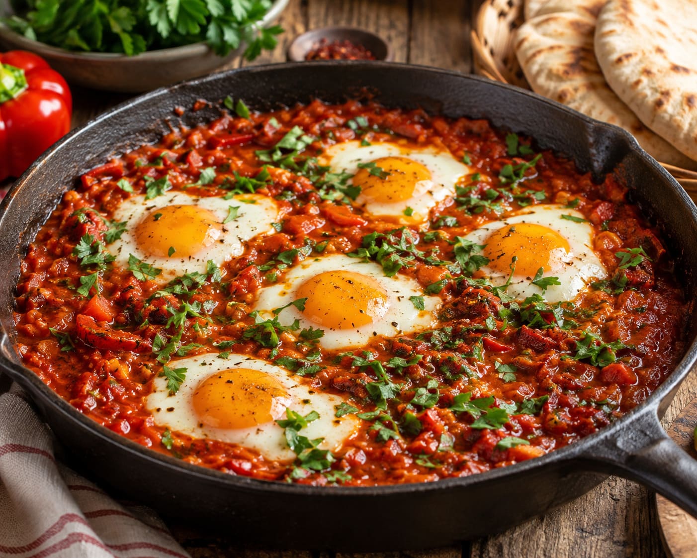 Speedy poached egg shakshuka: Spicy tomato pepper stew Speedy poached egg shakshuka: Spicy tomato pepper stew