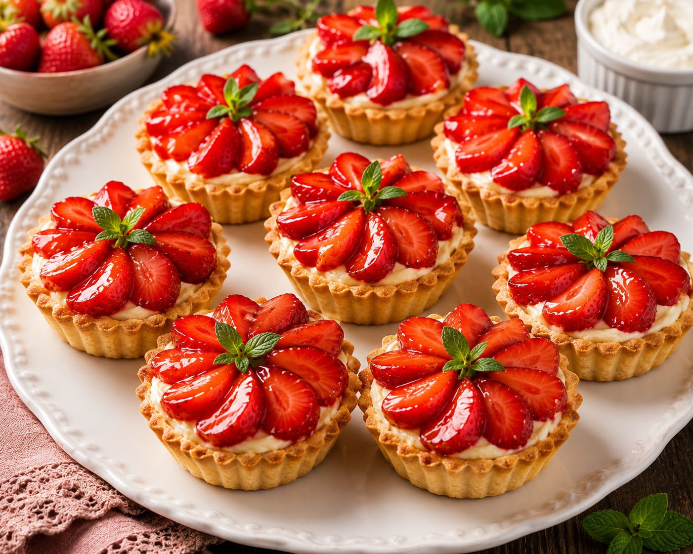 Strawberry tartlets: Crispy vanilla custard pastry cups