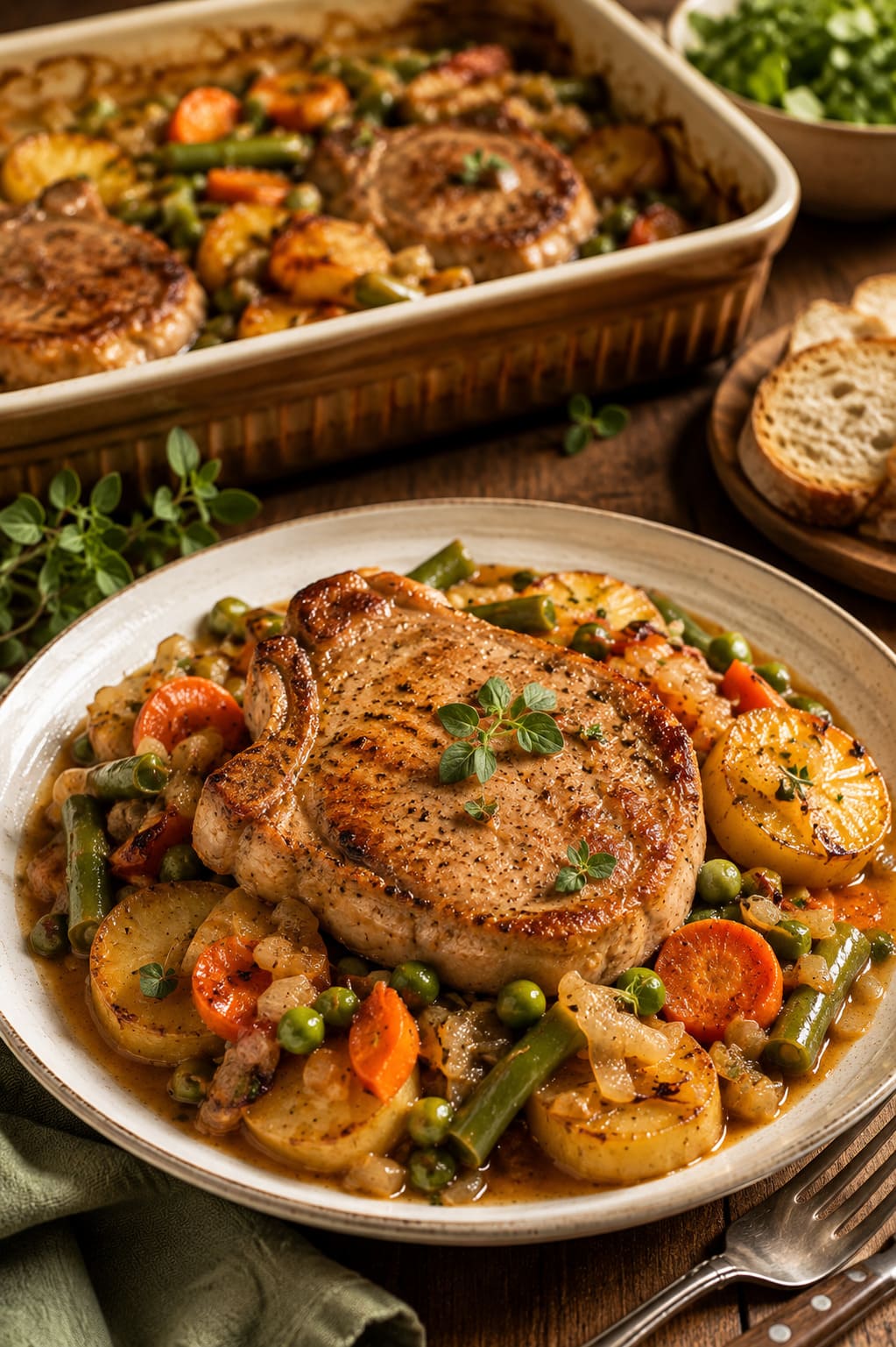 Vegetable meat casserole: Hearty pork chop root gratin