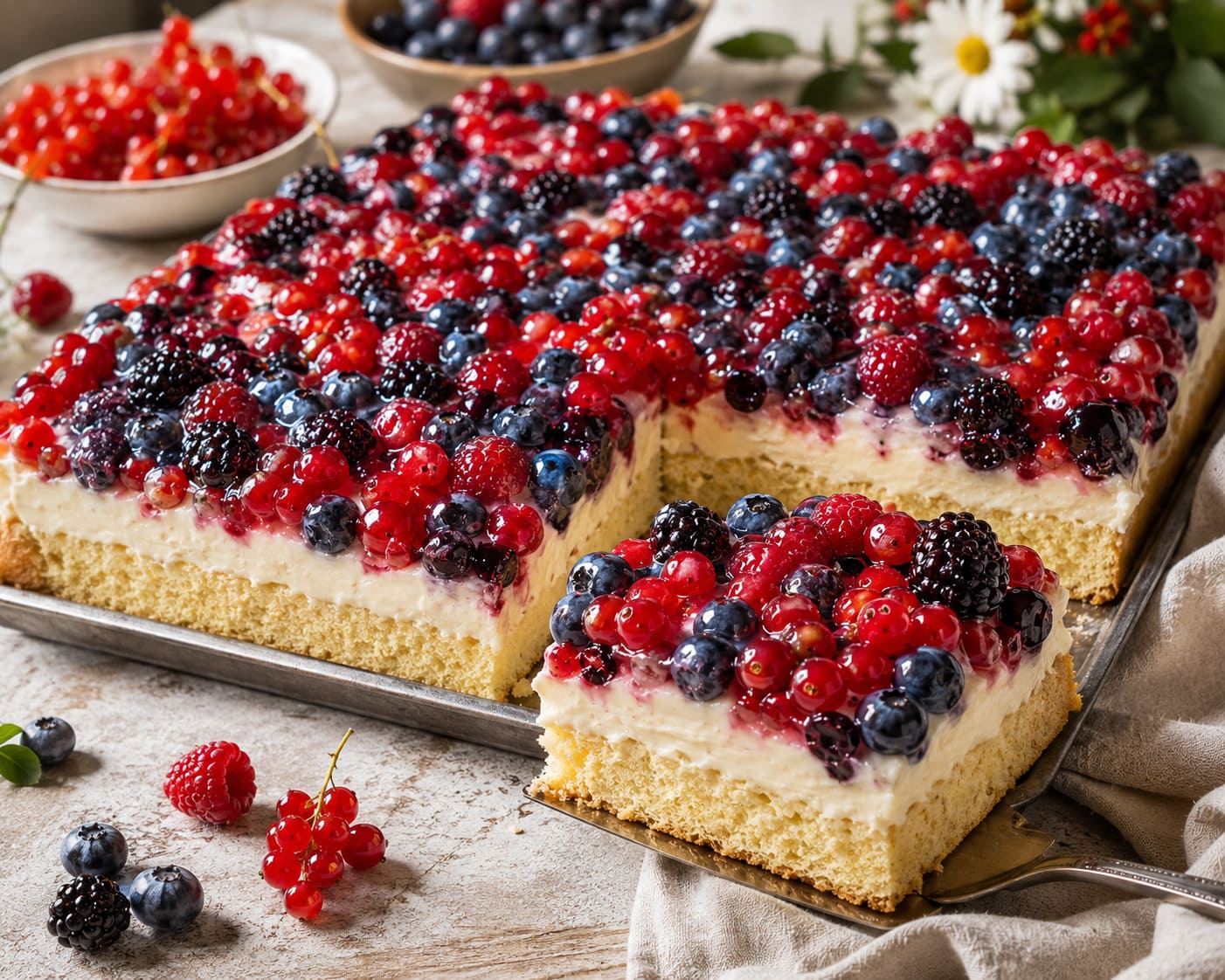 Vibrant Summer Berry Sheet Cake with Velvet Vanilla Quark