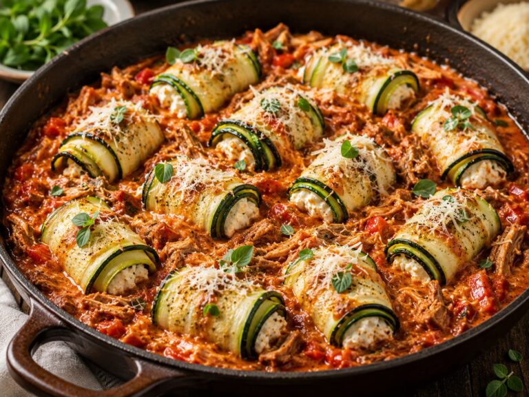 Zucchini involtini recipe: Pulled pork tomato sugo
