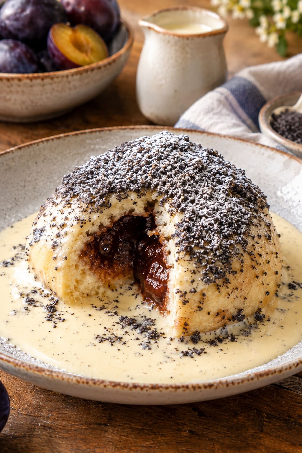 Authentic Austrian Germknoedel with Plum Butter and Velvet Vanilla Sauce