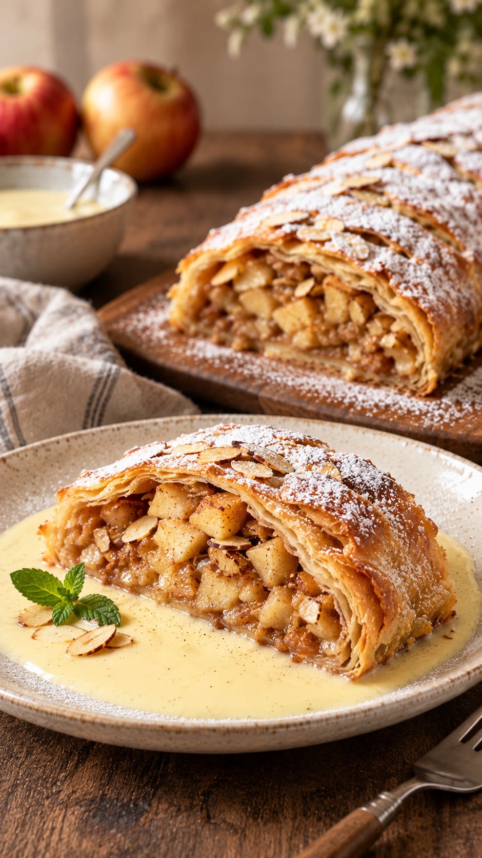 Classic Viennese Apple Strudel with Flaky Puff Pastry and Roasted Almonds