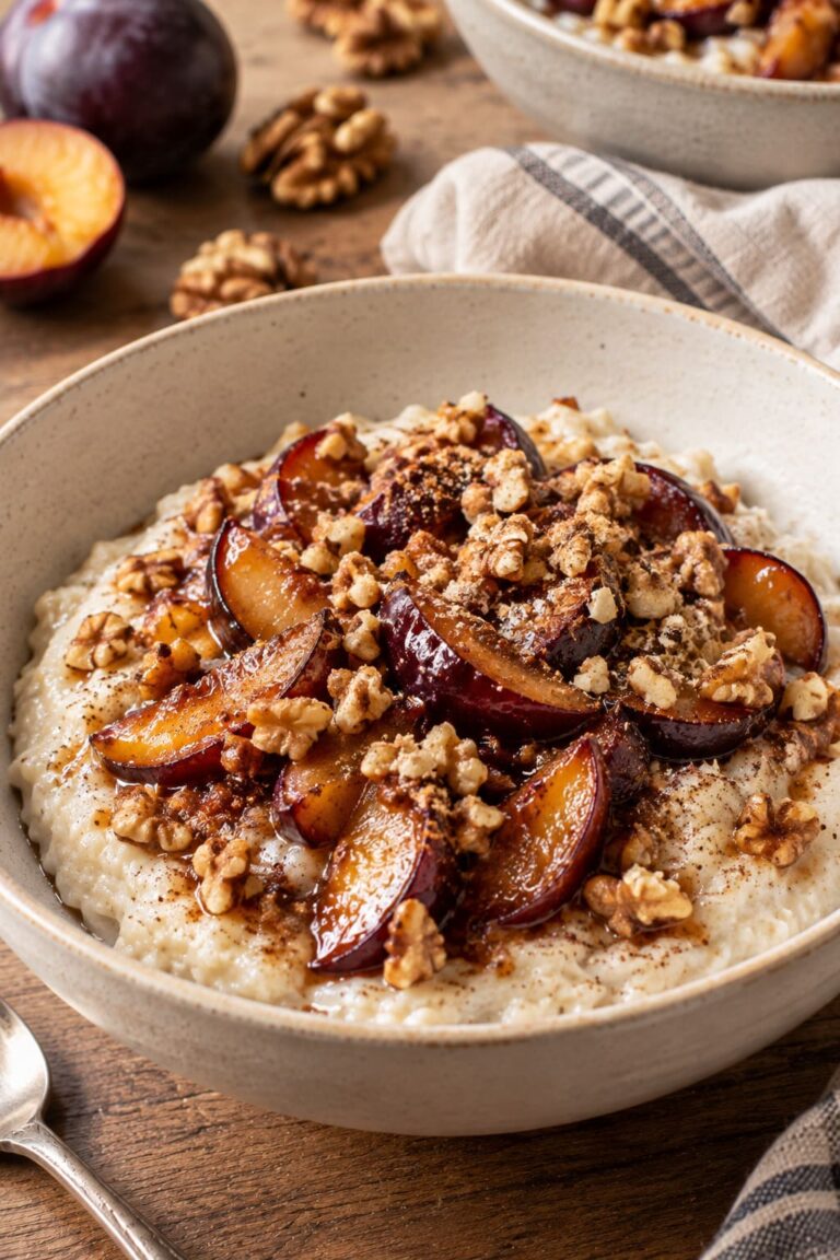 Cozy Autumn Vanilla Oats with Caramelized Honey Plums and Walnut Crunch