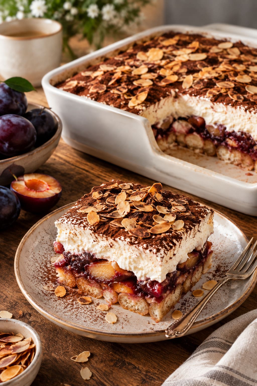 Elegant Amaretto Plum Tiramisu Layered with Fluffy Mascarpone Cushion Elegant Amaretto Plum Tiramisu Layered with Fluffy Mascarpone Cushion