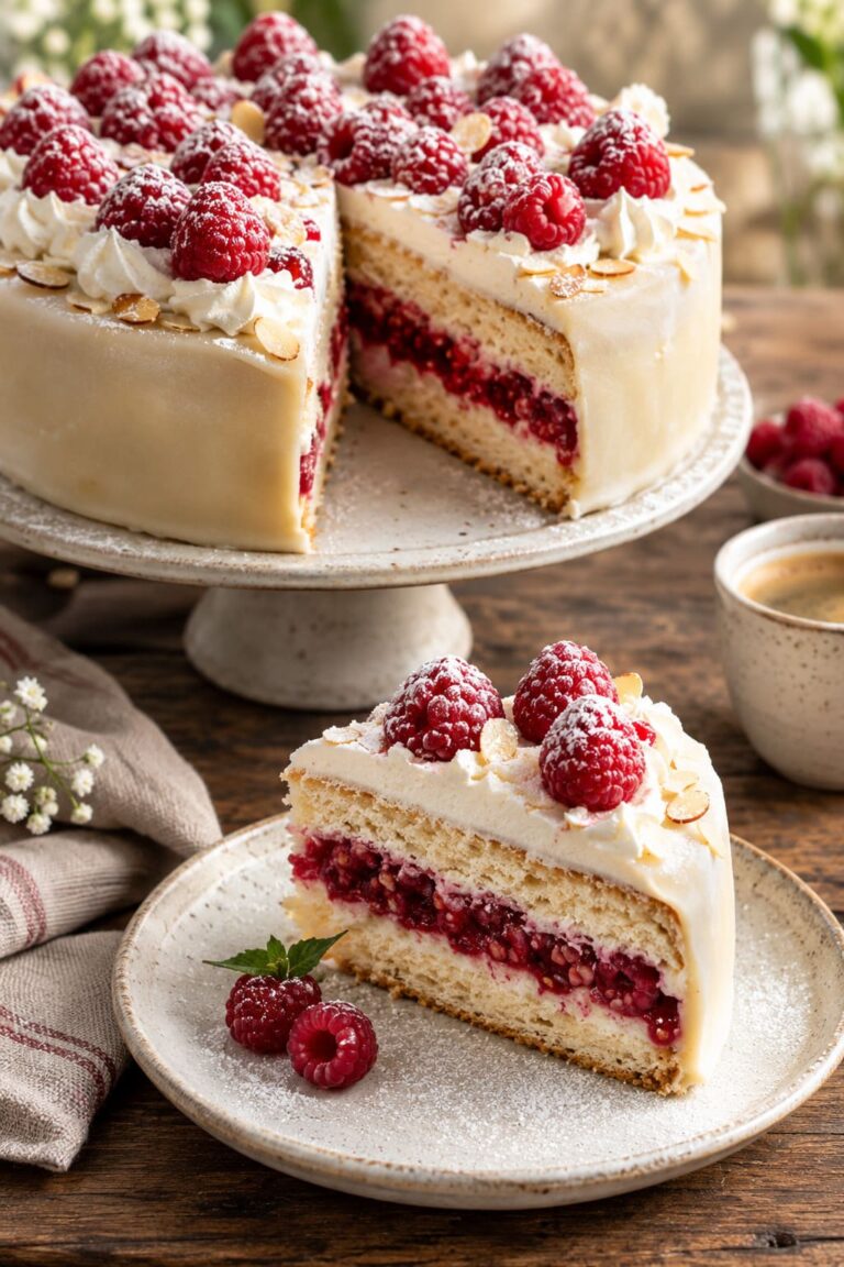 Fluffy Almond Sponge Cake with Tart Raspberry Compote and Sweet Marzipan Armor