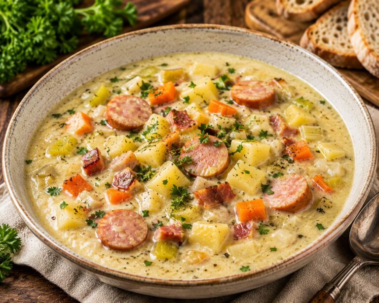 Hearty German Potato Soup with Smoked Bacon and Sausage Wedges Hearty German Potato Soup with Smoked Bacon and Sausage Wedges