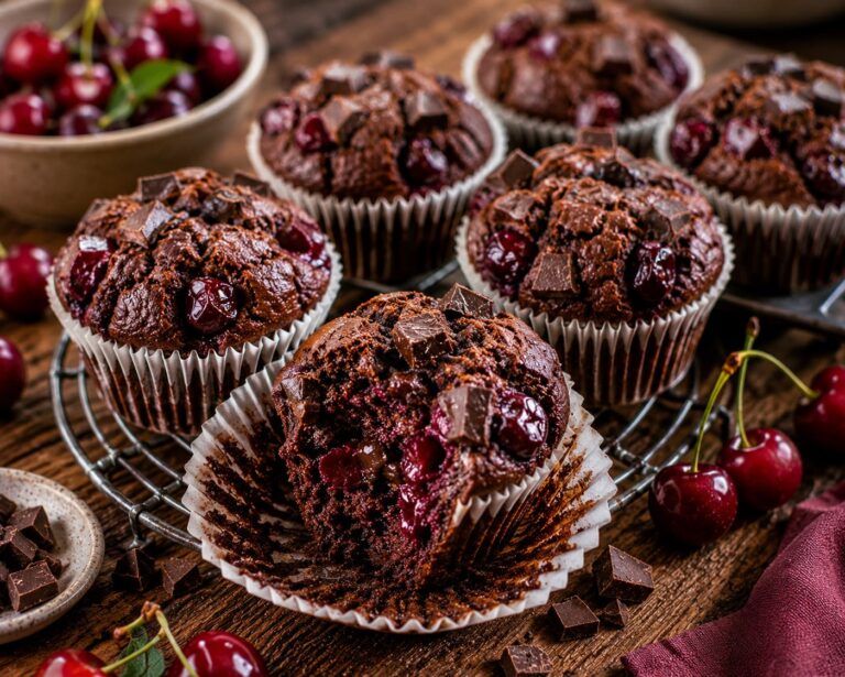 Juicy Dark Chocolate Cherry Muffins with Rustic Chunky Shards