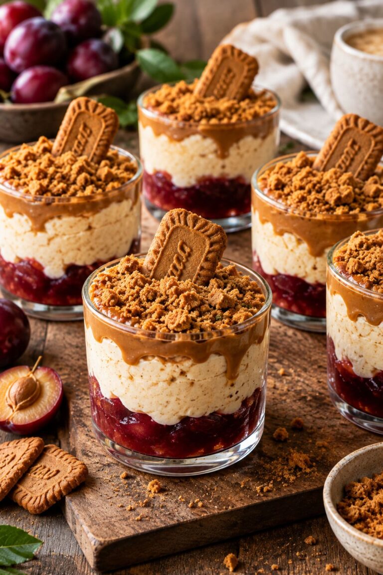 Layered Cookie Butter Dessert Jars with Tart Plum Compote and Spiced Crunch