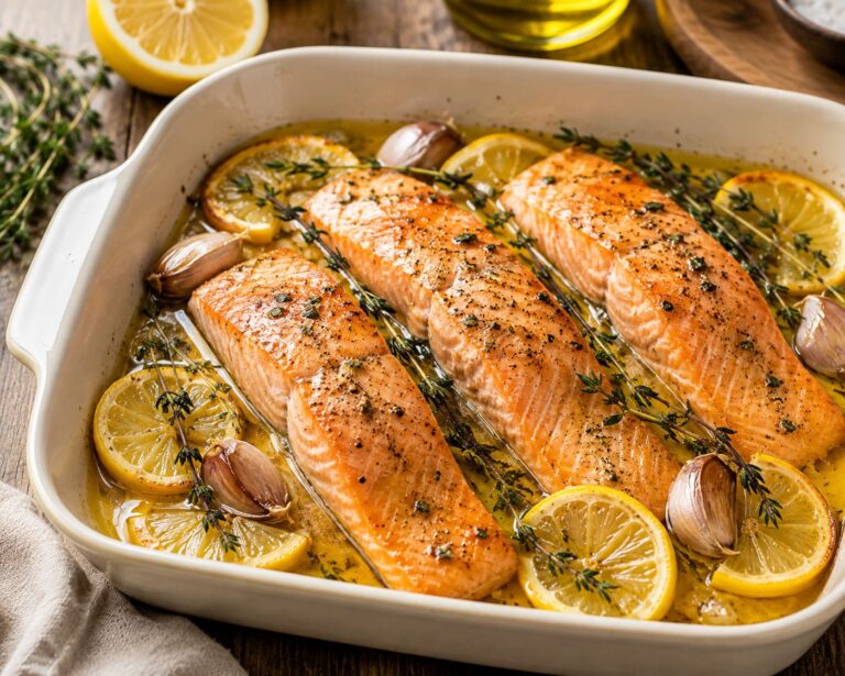 Mediterranean Oven Baked Lemon Salmon with Sweet Honey Olive Oil Glaze