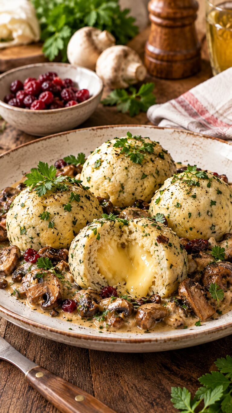 Rustic German Lye Bread Cheese Dumplings with Creamy Wild Mushroom and Sweet Cranberry Ragout