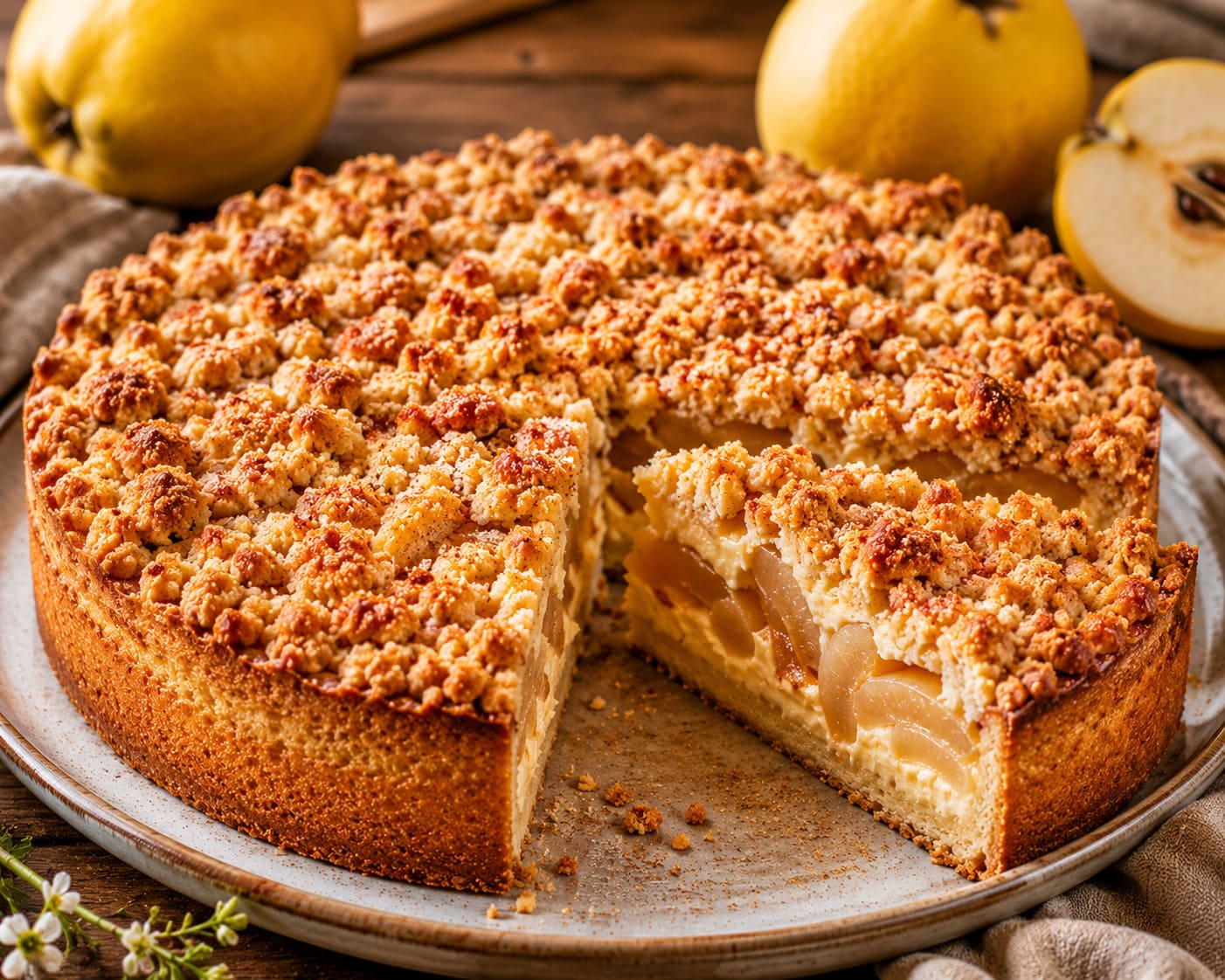 Rustic Orchard Quince Cake with Velvet Vanilla Custard and Golden Streusel