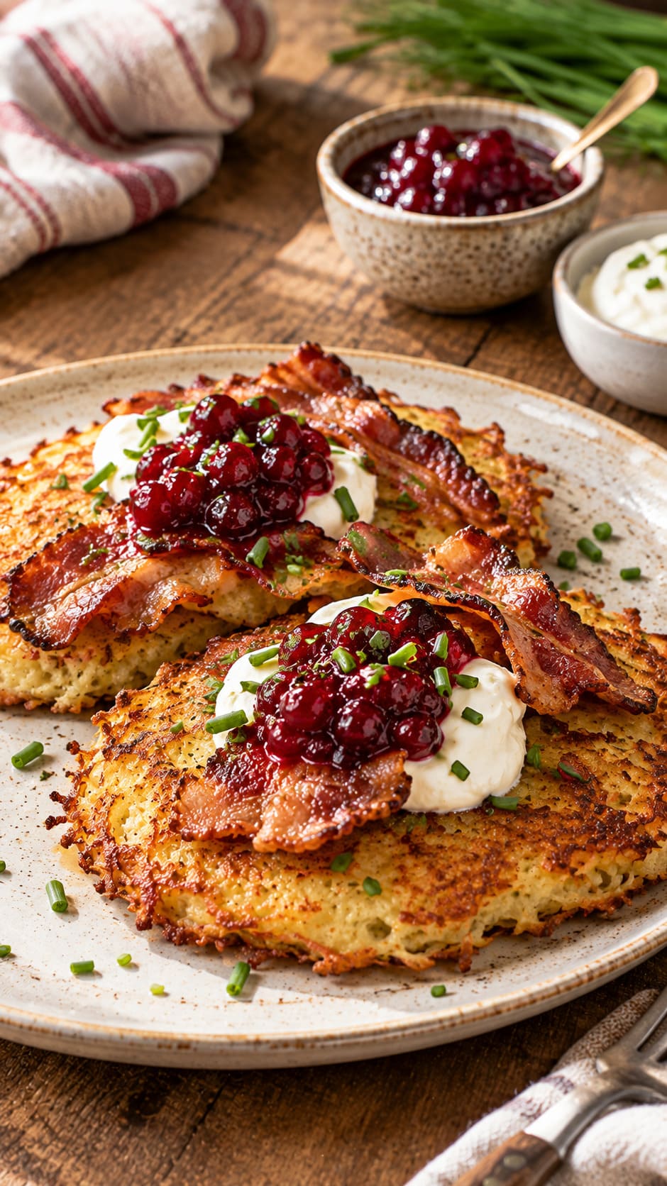 Traditional Swedish Raggmunk Potato Pancakes with Crispy Bacon and Lingonberry Jam Traditional Swedish Raggmunk Potato Pancakes with Crispy Bacon and Lingonberry Jam