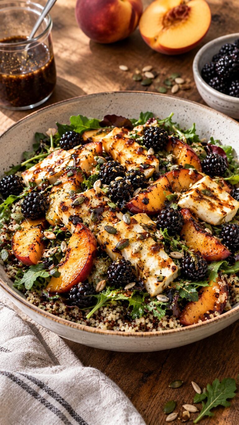 Vibrant Late-Summer Halloumi and Peach Salad with Nutty Quinoa Bed Vibrant Late-Summer Halloumi and Peach Salad with Nutty Quinoa Bed
