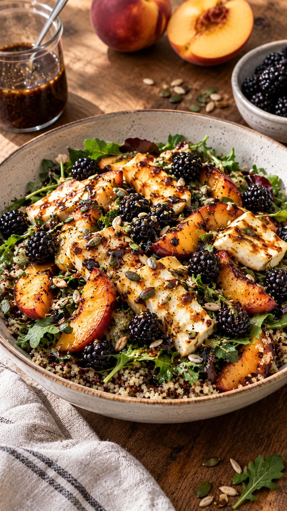 Vibrant Late-Summer Halloumi and Peach Salad with Nutty Quinoa Bed Vibrant Late-Summer Halloumi and Peach Salad with Nutty Quinoa Bed