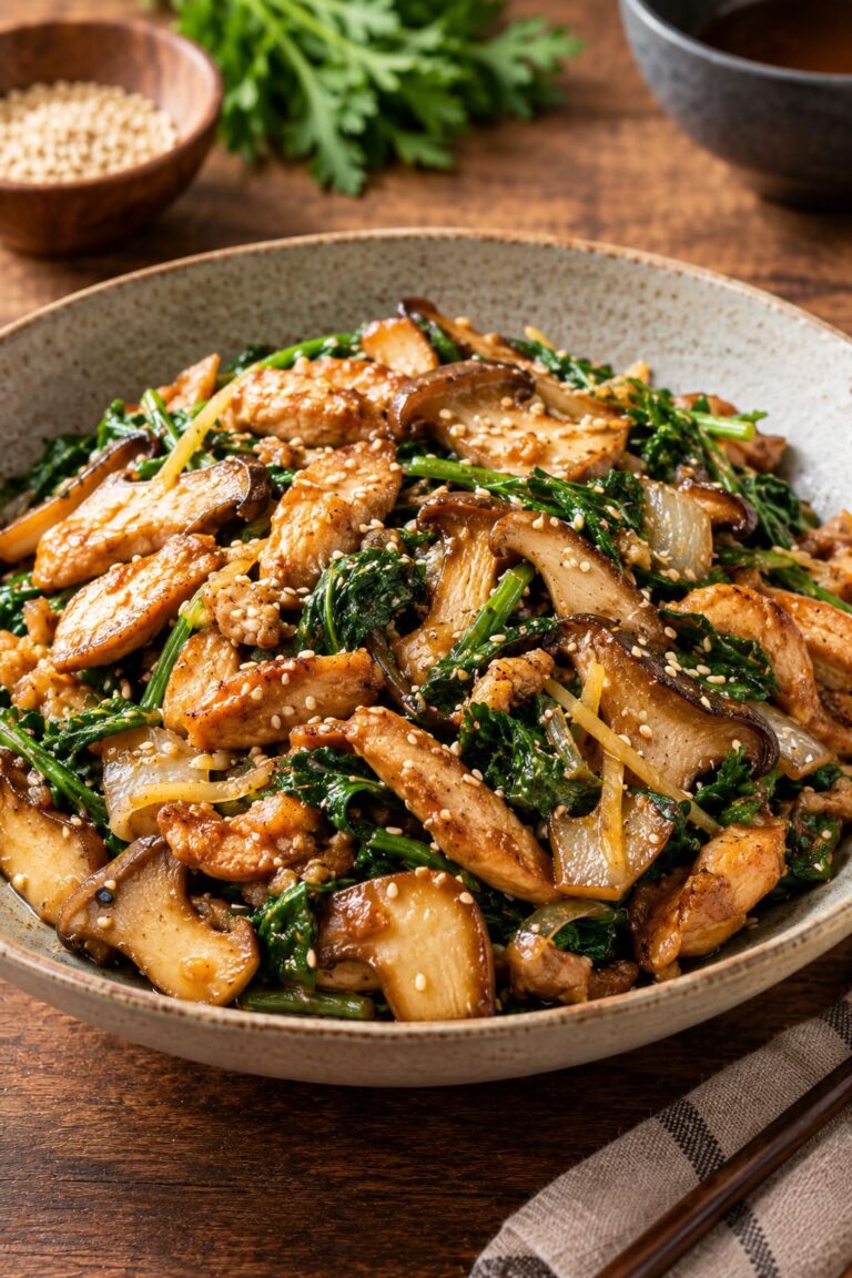 Wok-Seared Velvet Chicken with King Oyster Mushrooms and Aromatic Chrysanthemum Greens Wok-Seared Velvet Chicken with King Oyster Mushrooms and Aromatic Chrysanthemum Greens