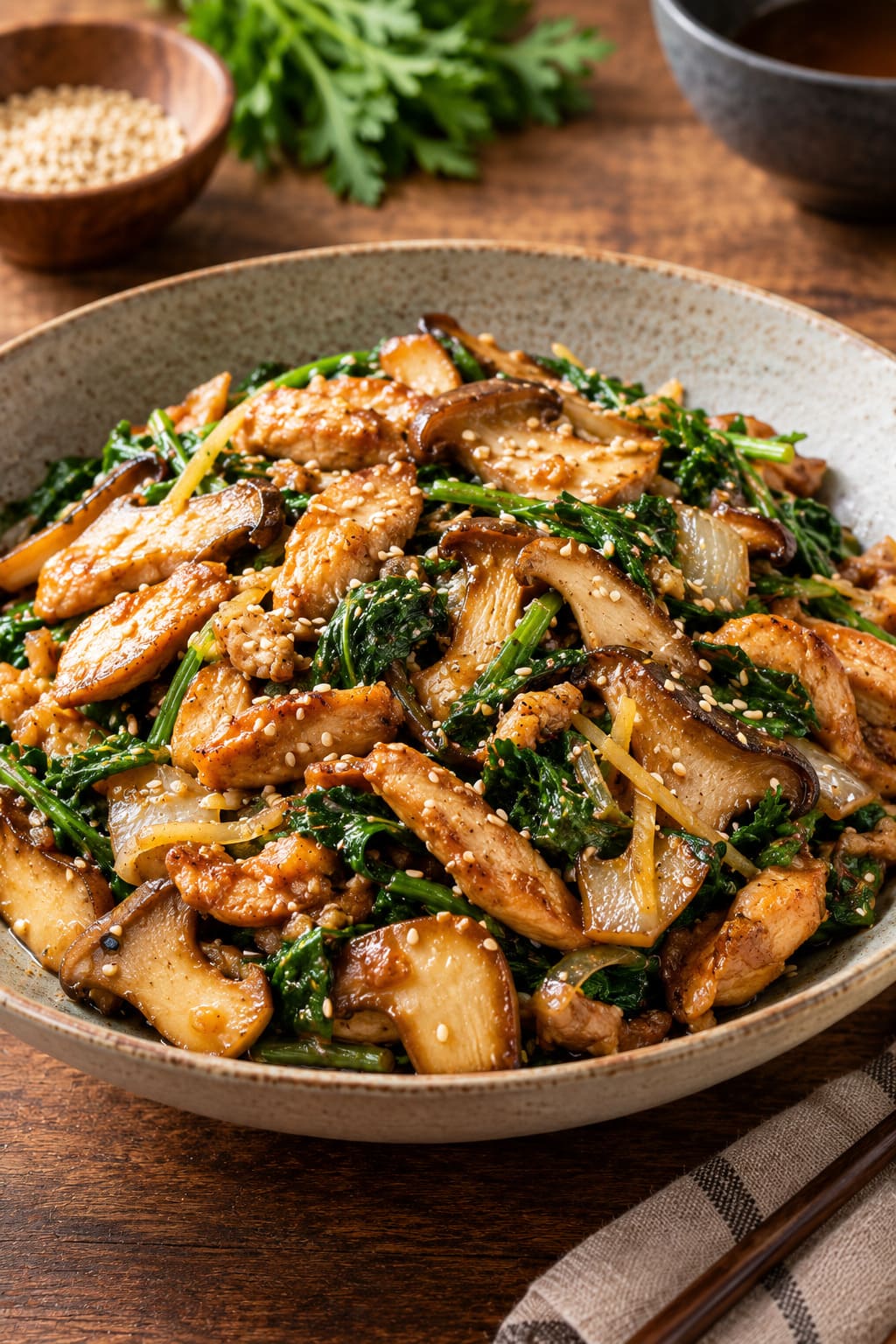 Wok-Seared Velvet Chicken with King Oyster Mushrooms and Aromatic Chrysanthemum Greens